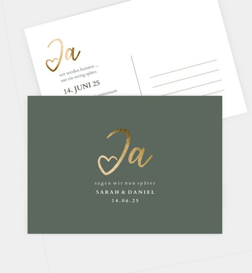 Change-The-Date Karte Hochzeit Ja · Mitten ins Herz