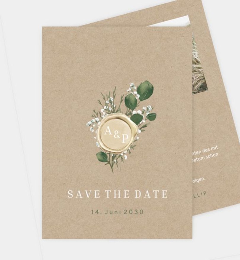 Save-The-Date Karte Hochzeit Eukalyptus Siegel