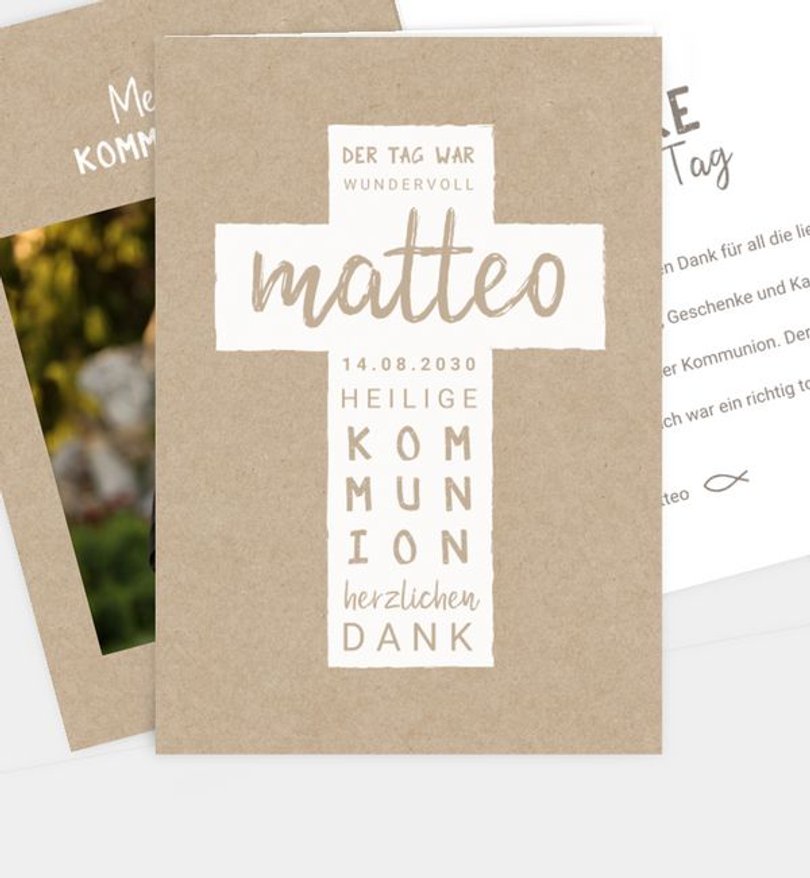 Dankeskarte Kommunion Typo Kreuz