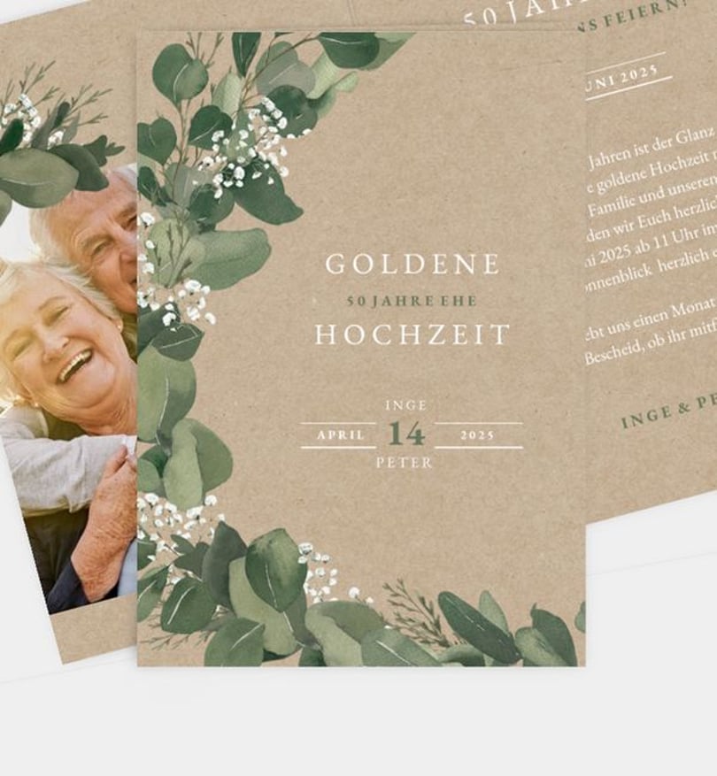 Einladungskarte Goldene-Hochzeit Eucalyptus Wreath