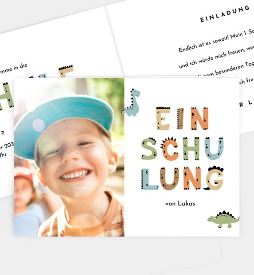 Einladungskarte Einschulung Dino Buchstaben