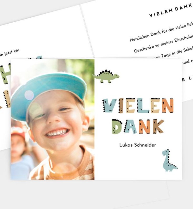 Dankeskarte Einschulung Dino Buchstaben