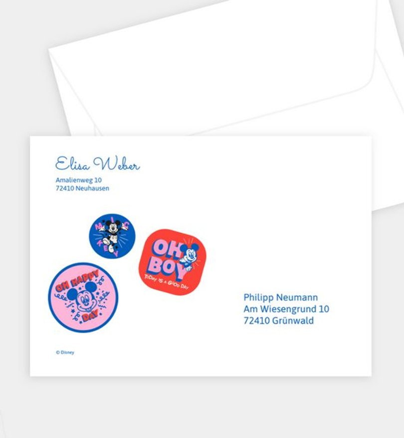Briefumschlag Einschulung Micky Maus · Sticker Party