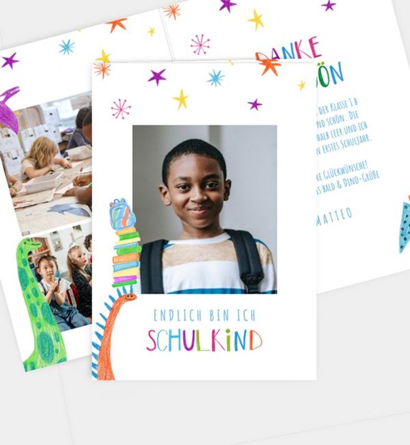 Dankeskarte Einschulung Dinos Schule