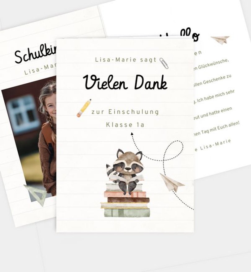 Dankeskarte Einschulung Tierische Schulfreunde