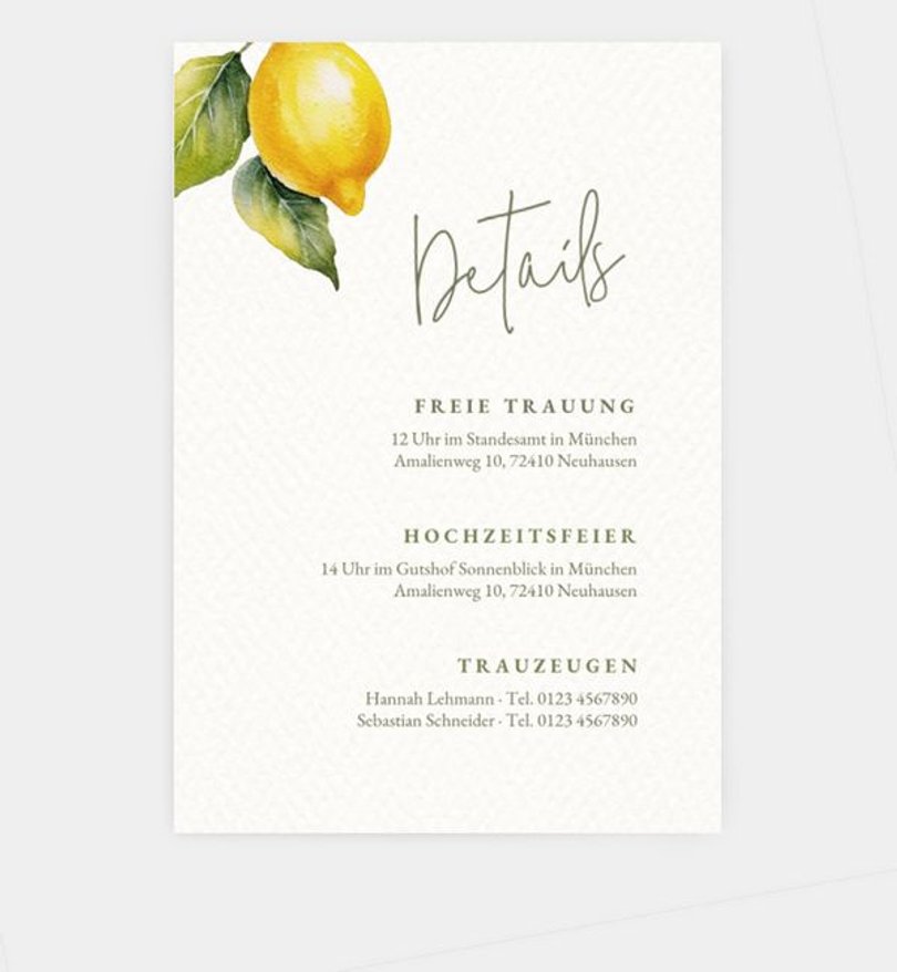 Einlegeblatt bedruckt Hochzeit Lemon Summer