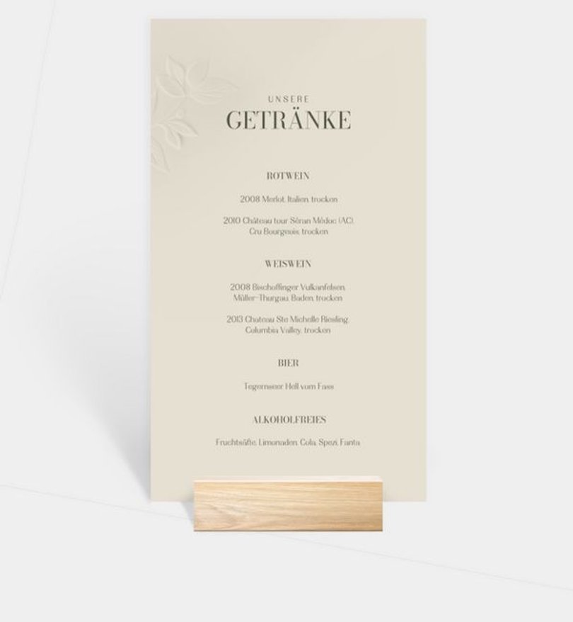 Getränkekarte Hochzeit Botanical Garden · Prägeoptik