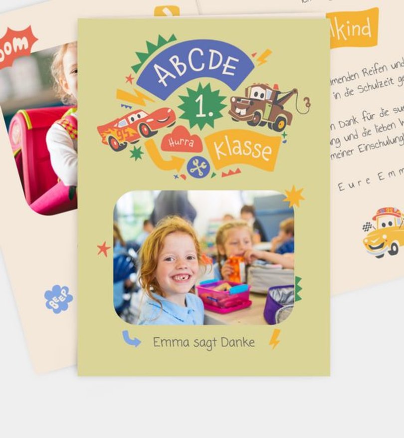 Dankeskarte Einschulung Cars · Colorful Start