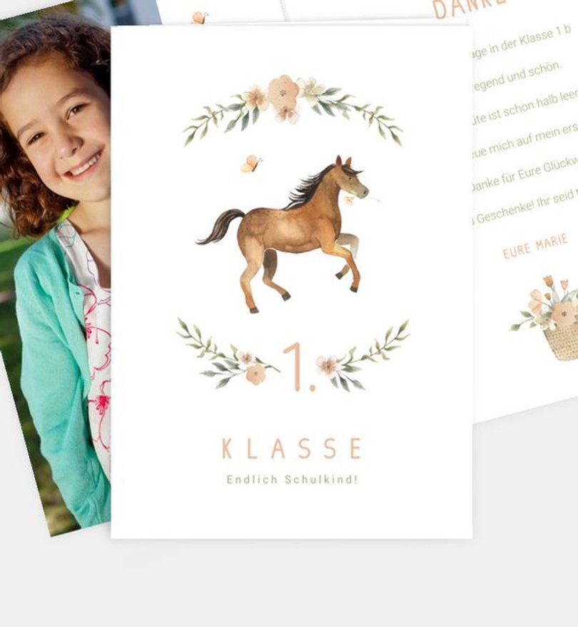 Dankeskarte Einschulung Pferdemädchen