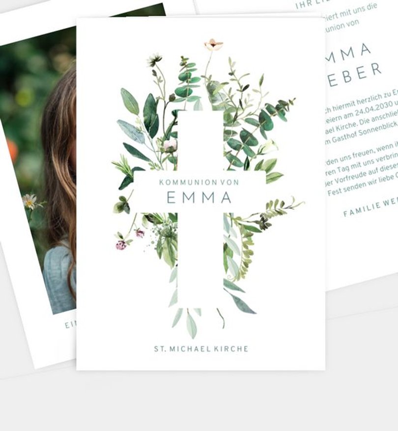 Einladungskarte Kommunion Green bouquet