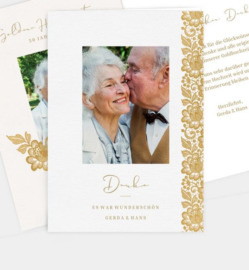 Dankeskarte Goldene-Hochzeit Zartes Blumenband · Vintage