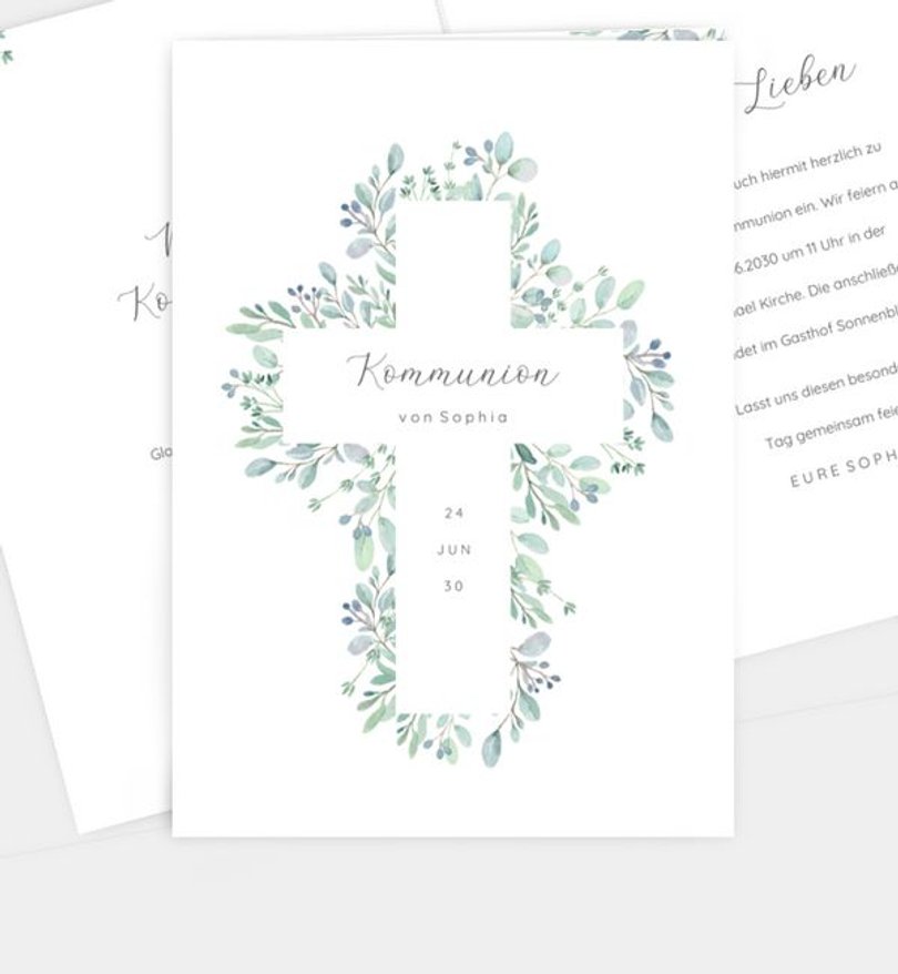 Einladungskarte Kommunion Greenery Cross