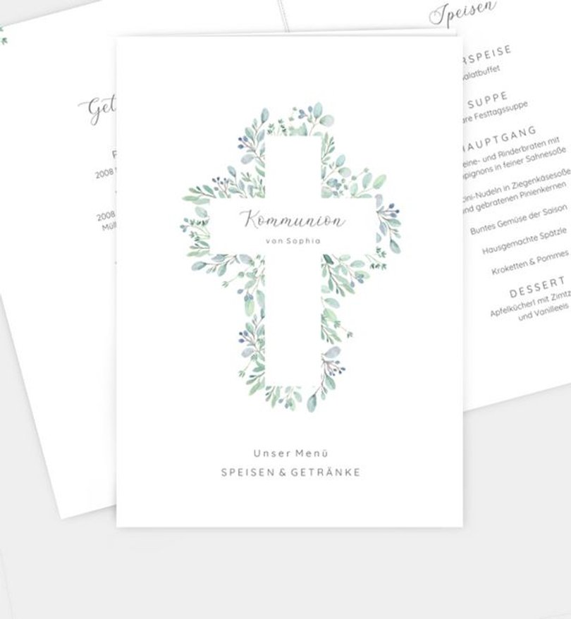 Menükarte Kommunion Greenery Cross