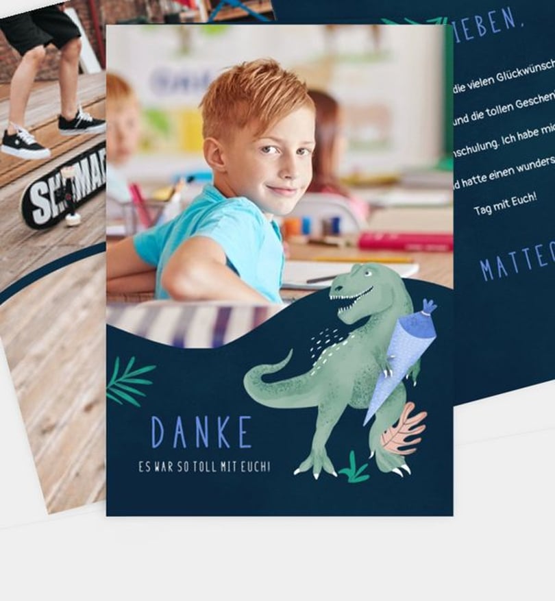 Dankeskarte Einschulung Tyrannosaurus