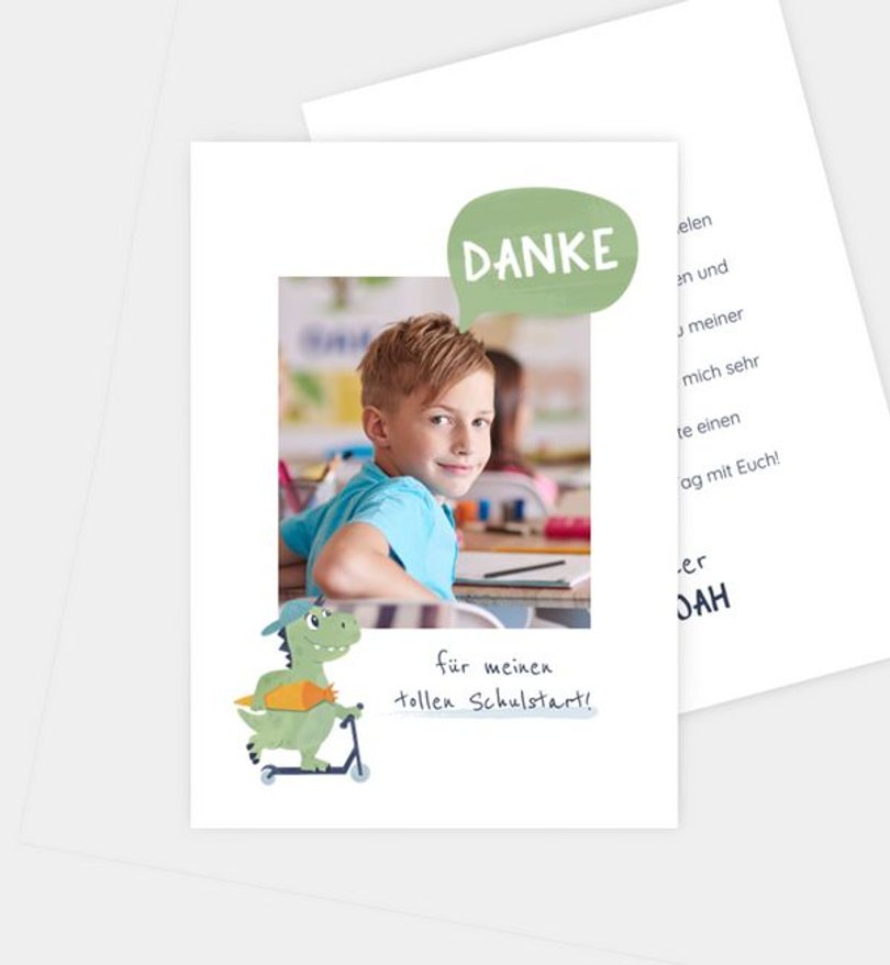 Dankeskarte Einschulung Scooter Dino