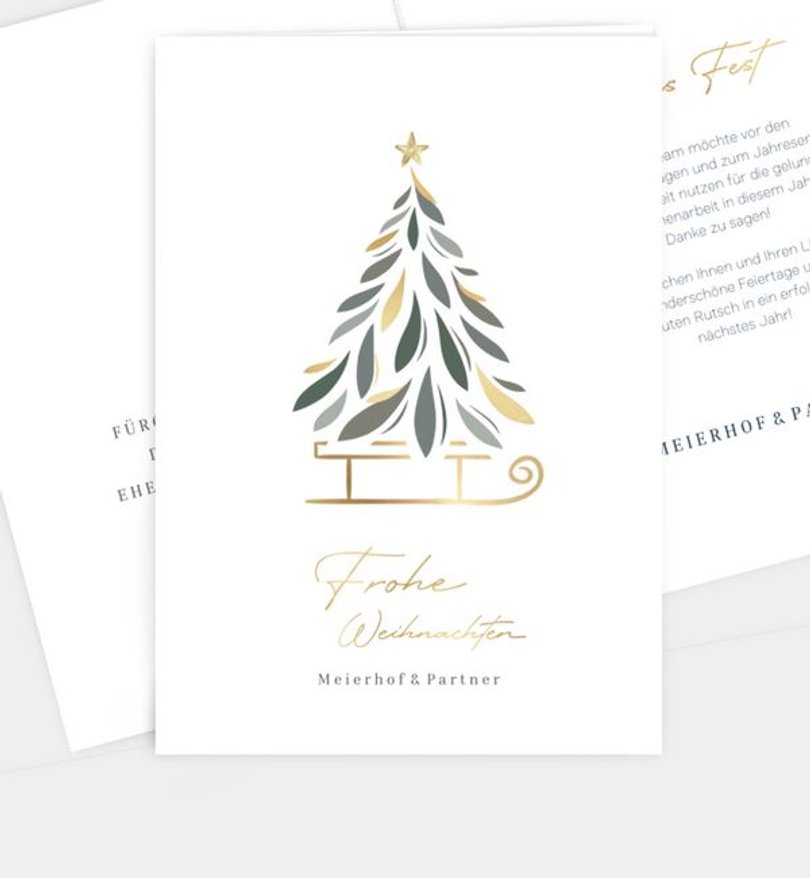 Weihnachtskarte Weihnachten geschäftlich Tanne auf Schlitten