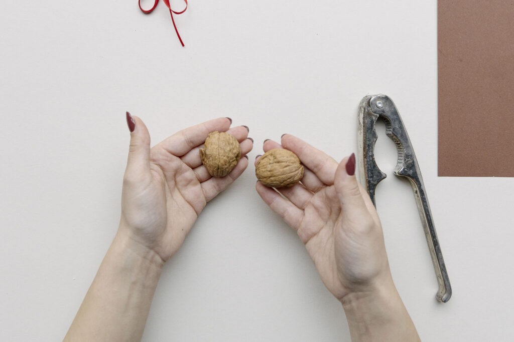 Weihnachtsanhänger basteln, Rentier-Anhänger aus Walnüssen, DIY