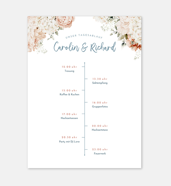 Tagesablauf-Schild zur Hochzeit im Design 