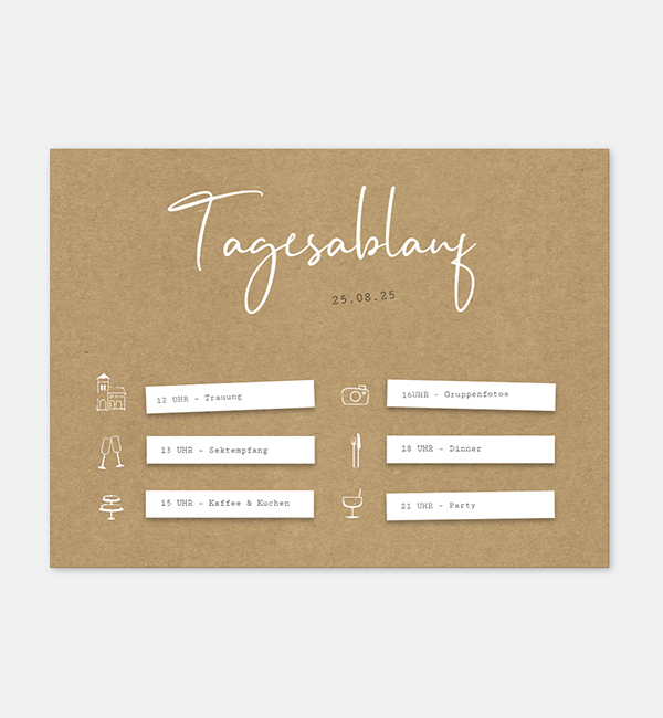 Tagesablauf-Schild zur Hochzeit im Design 