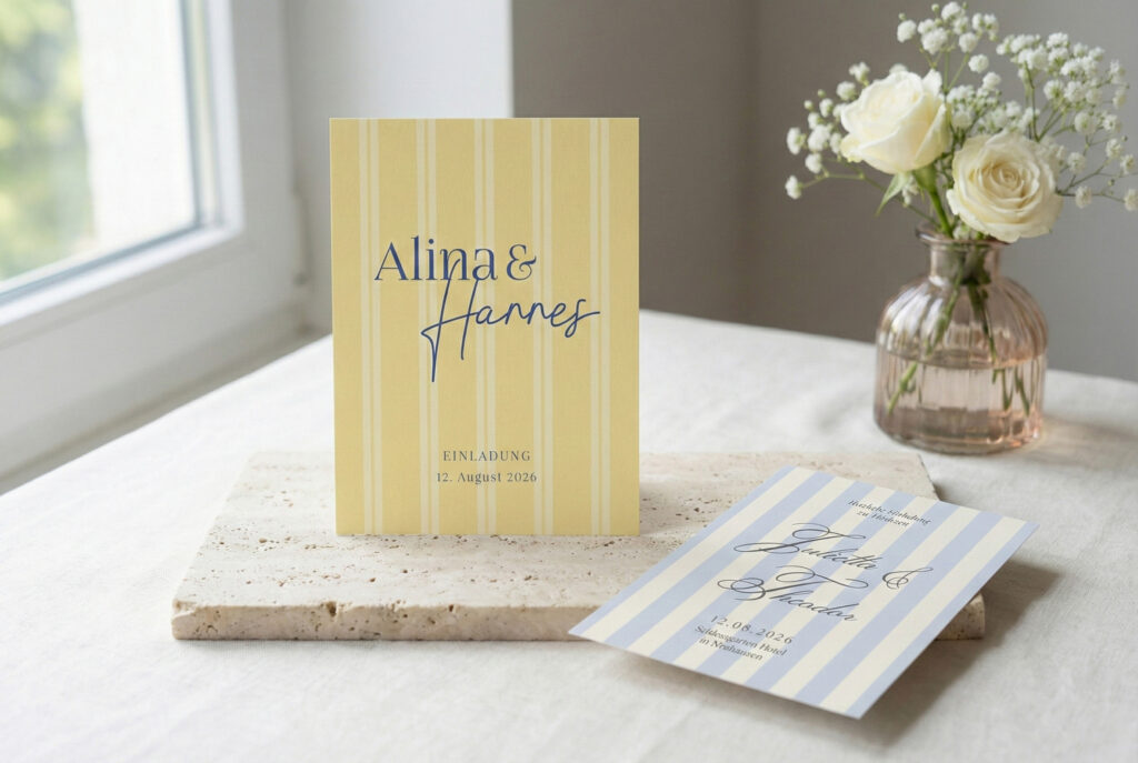 Hochzeitskarten neue Kollektion 2026, Streifen und verspielte Elemente