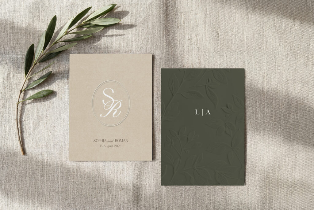 Hochzeitskarten neue Kollektion 2026, Ton in Ton und Monogramm