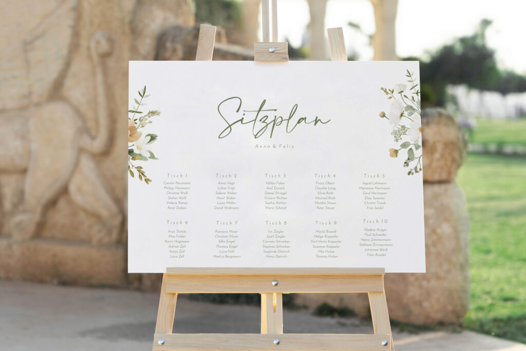 Sitzplan für die Hochzeit im Design